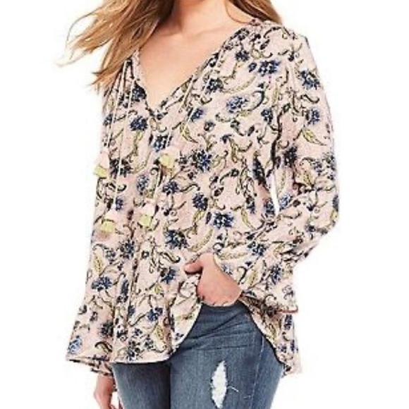 Jessica Simpson Pink Blue Floral Peasant Blouse - Picture 1 of 7